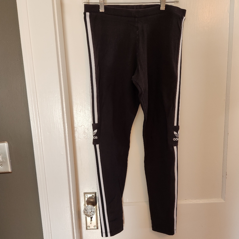 Adidas Black Leggings with White Side Stripes Size Large